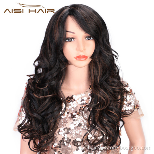 Aisi Hair Synthetic Black Body Wave Long Wavy Black Mixed Wig Heat Resistant Fiber Hair Wig For Black White Women Cosplay Wigs
